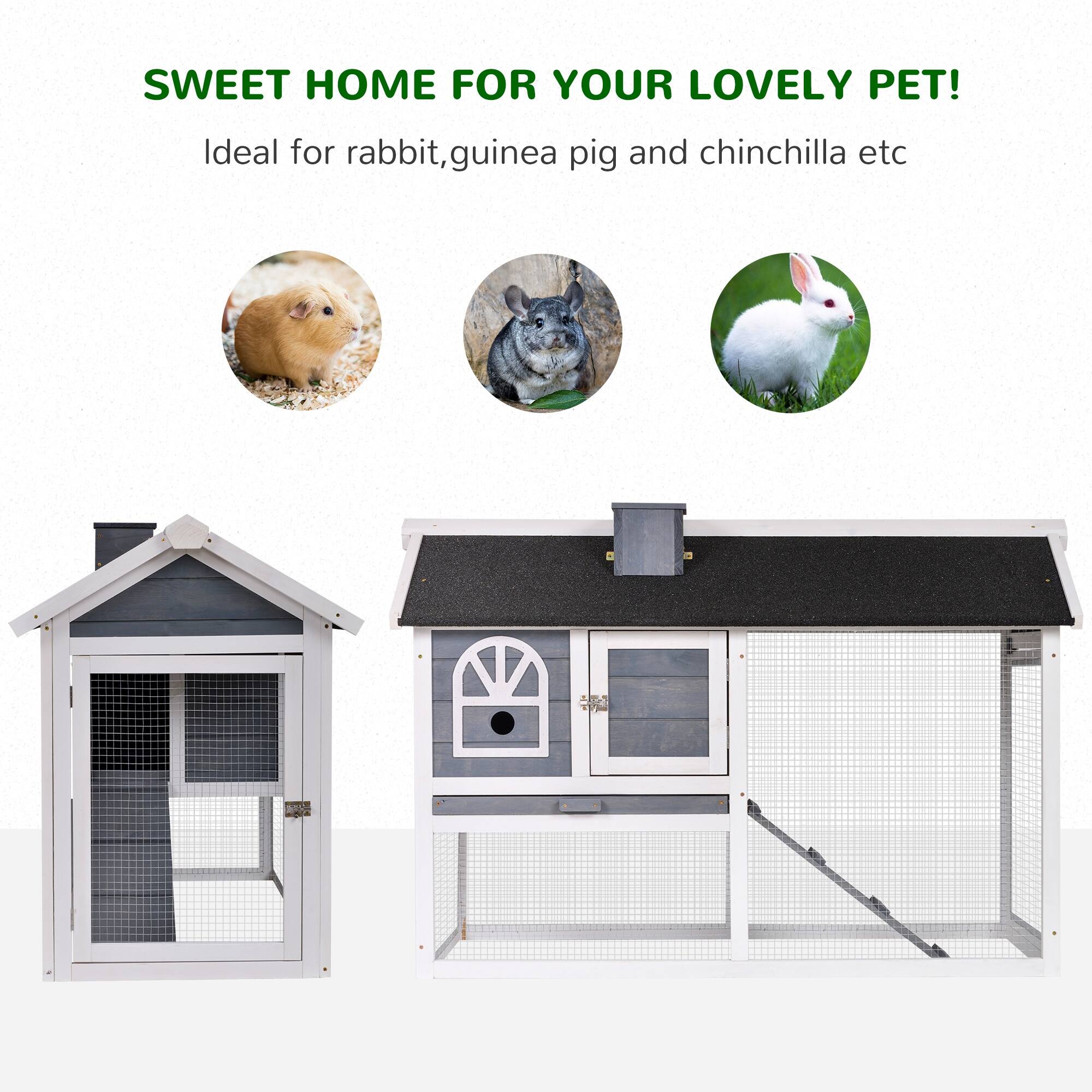 PawHut Rabbit Hutch with Roof Slideout Tray Ramp 47.25" L x 23.5" W x